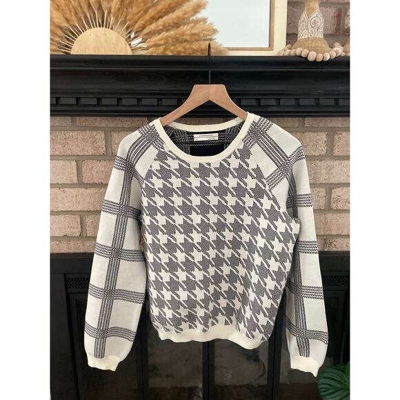 Anthropologie Bailey Houndstooth Crewneck Sweater Womens Small White Windowpane - Picture 5 of 10